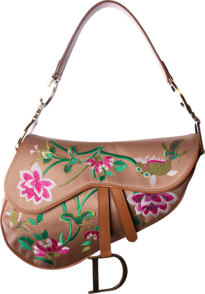 Christian Dior Vintage Floral Embroidered Leather Saddle Bag
