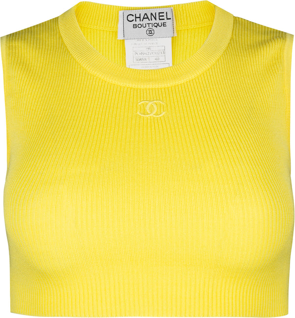 Chanel Spring 1995 Yellow Ribbed Logo Crop Top