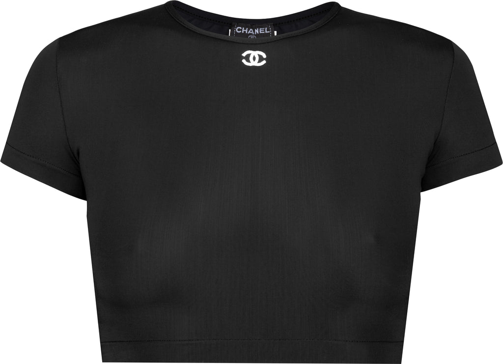 CHANEL CC Logo Sequin Tweed Cropped Top Black
