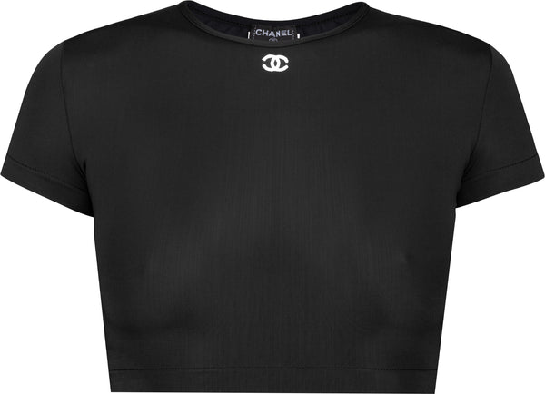 Chanel Spring 1995 Black Logo Embroidered Crop Top